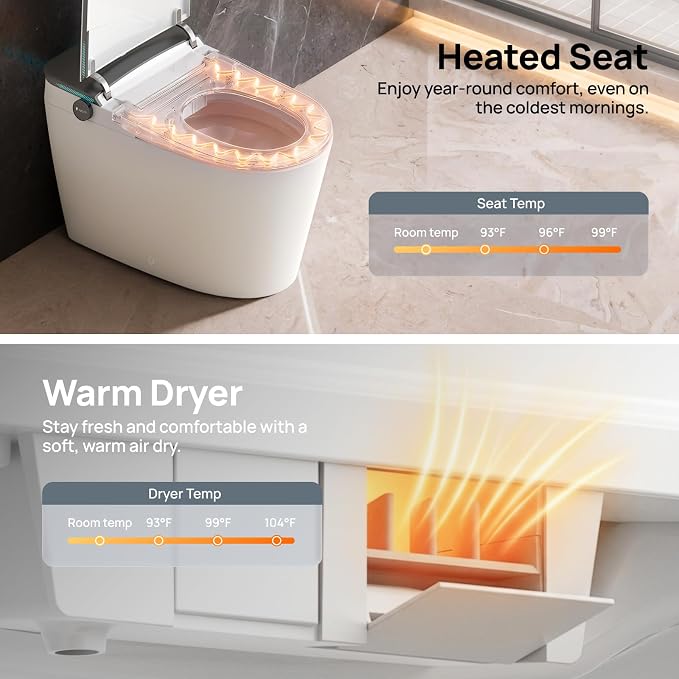 Smart Toilet with Bidet Built-in: Bidet Toilet with 5L Tank, Remote with Display, 5 Level Adjustable Heated Seat& Wash &Dryer, One Piece Toilet with Auto Flush Lid&Seat, Foam, Foot Sensor, UV-C Light