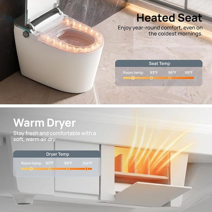 Smart Toilet with Bidet Built-in: Bidet Toilet with 5L Tank, Remote with Display, 5 Level Adjustable Heated Seat& Wash &Dryer, One Piece Toilet with Auto Flush Lid&Seat, Foam, Foot Sensor, UV-C Light
