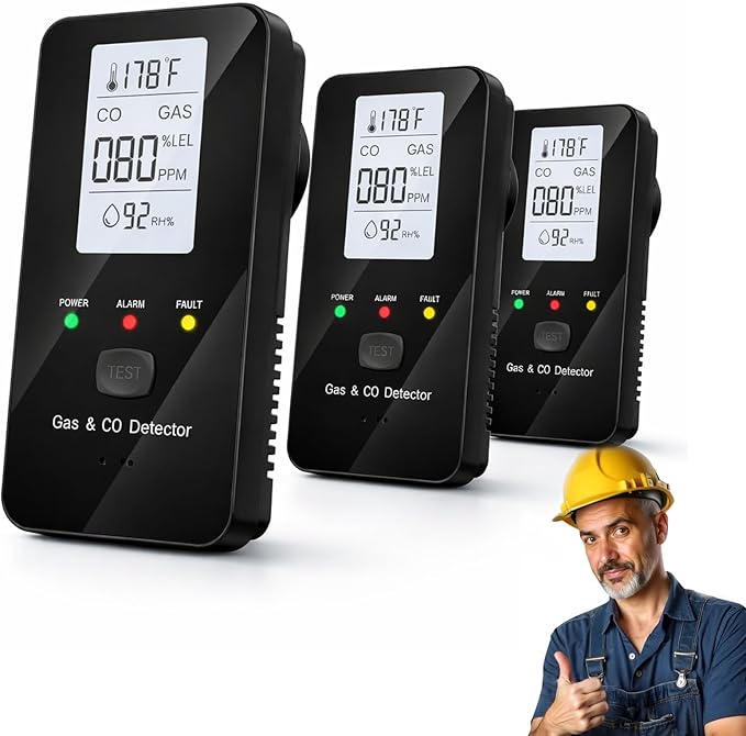 4-in-1 Detector, 4-in-1 Gas Detector (CO/Temp/Humidity), with HD Digital Display, for Home, Kitchens, Hotel (Black*3)