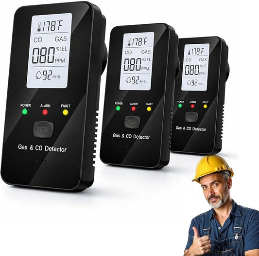 4-in-1 Detector, 4-in-1 Gas Detector (CO/Temp/Humidity), with HD Digital Display, for Home, Kitchens, Hotel (Black*3)