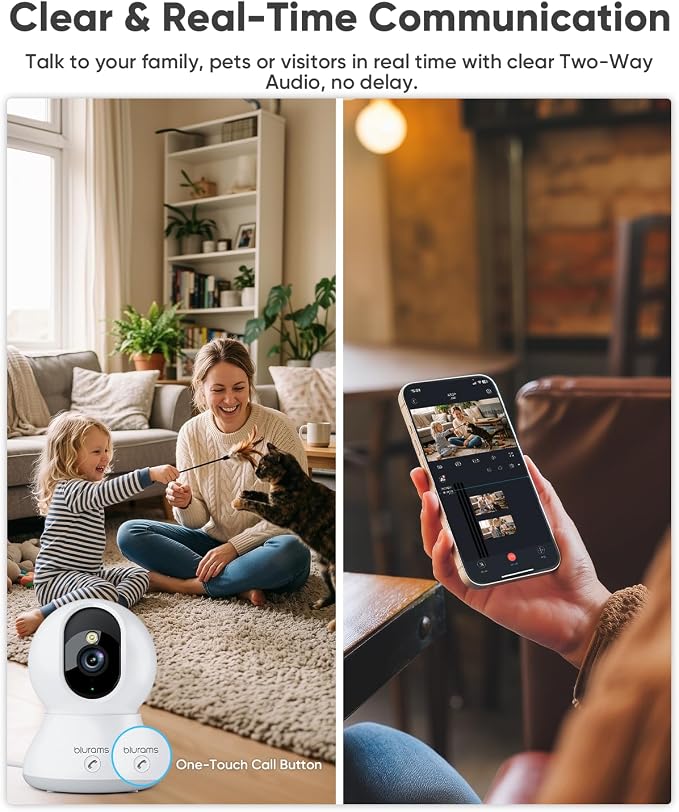 blurams 4MP Cameras for Home Security, 360° PTZ Pet Indoor Camera with Phone App, One-Touch Call, Dual-Band WiFi 6, Free Human/Pet/Motion/Sound/Cry Detection, Compatible with Alexa