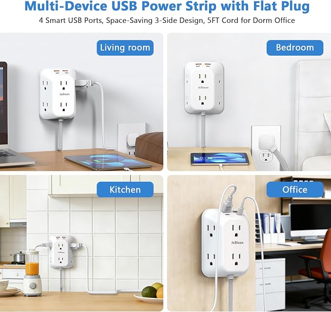 Surge Protector Outlet Extender, 6 Outlet Splitter with 4 USB Ports (2 USB C), 4 Sided 1050 J Multi Plug Wall Adapter Power Strip for Home Office Kitchen Travel