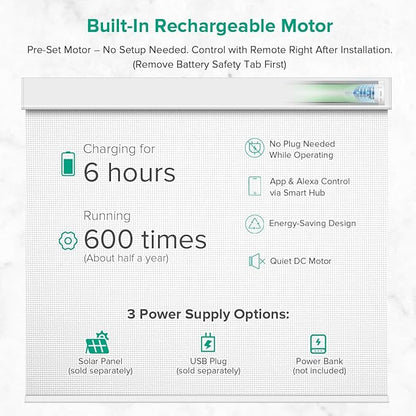 Motorized Roller Shades, Light Filtering Remote Control Custom Window Shades Compatible with Alexa Google Assistant via RF Hub, Rechargeable Electric Blinds for Windows (Fireproof White)
