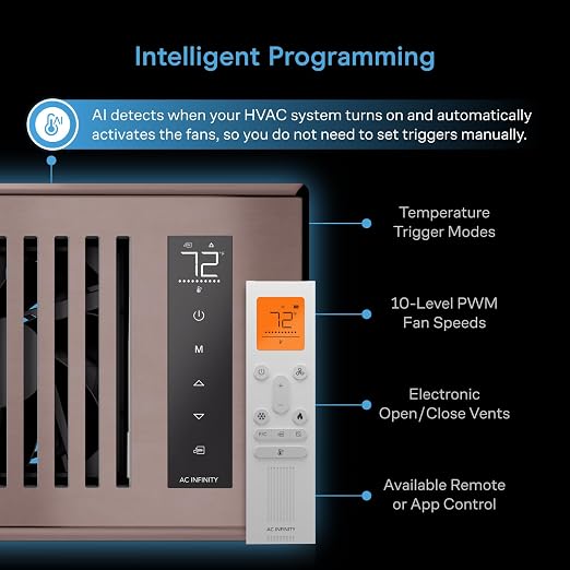 AC Infinity AIRTAP T6, Bronze Register Booster Fan for 6”x12” Openings | Automatic Open/Close Vents, Wireless LCD Temperature Controller, WiFi App, Quiet 10-Speeds, Smart Home