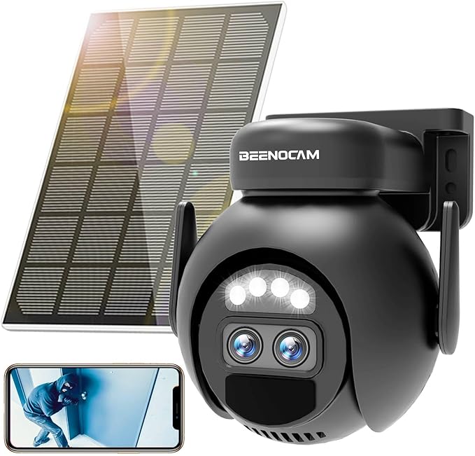 BEENOCAM Solar Security Cameras Wireless Outdoor, 360° PTZ Camera with Spotlight Siren/Motion Detection/Human Tracking/Color Night Vision/2.4GHz Wi-Fi/2-Way Audio/Waterproof