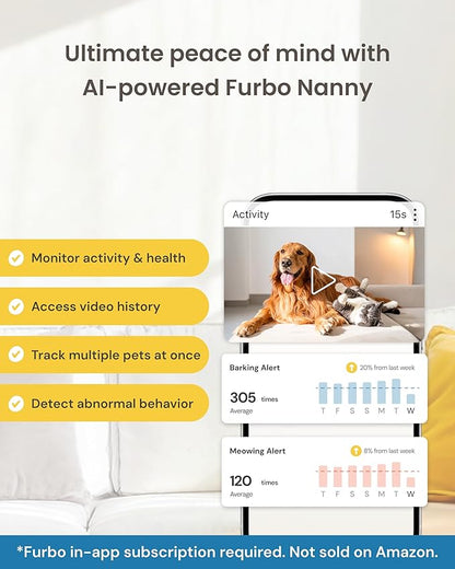 Furbo Mini 360° [Subscription Required] New 2K QHD Pet Camera - Unlock w/Paid Plan: Dog & Cat Safety Alerts, Rotating Treat Toss, 2-Way Speaker (Low Risk, 3mo Min. Cancel Anytime)
