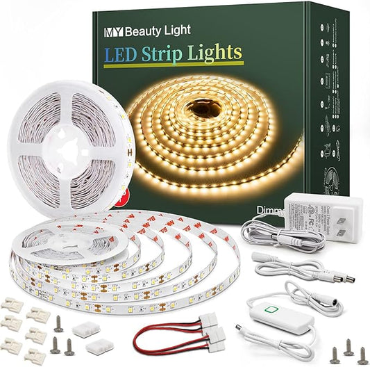 Led Strip Lights 65.6ft Warm White Dimmable Led Light Strip Flexible Rope Lights Kits with 24v Etl Power Supply, Adhesive Clips, Dimmer Switch and Connectors for Indoor Decor