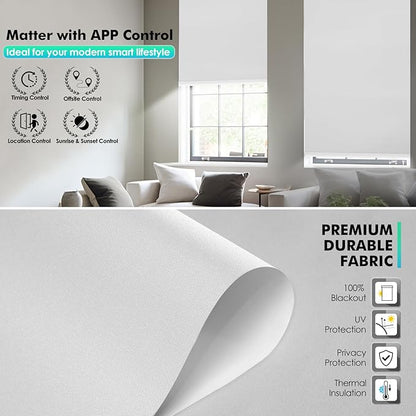 Motorized Blinds with Remote, Smart Blinds with Solar Panel, Cordless Blackout Automatic Shades with Matter Motor, White, 34×72
