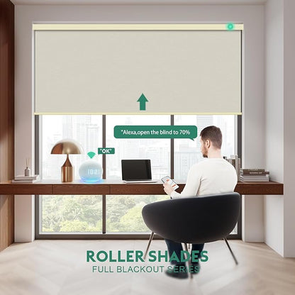 Motorized Blinds with Remote [100% Blackout & Silent Motor] Smart Blinds Compatible with Alexa Google HomeKit, Electric Roller Shades for Indoor Windows, Customized Size, Mist Dune Beige