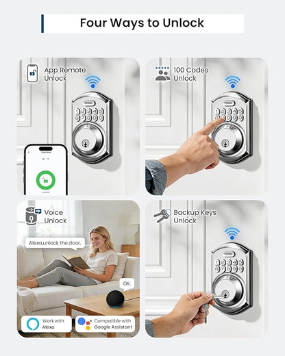 TEEHO TE011W WiFi Keypad Deadbolt, Smart Locks for Front Door, Satin Nickel