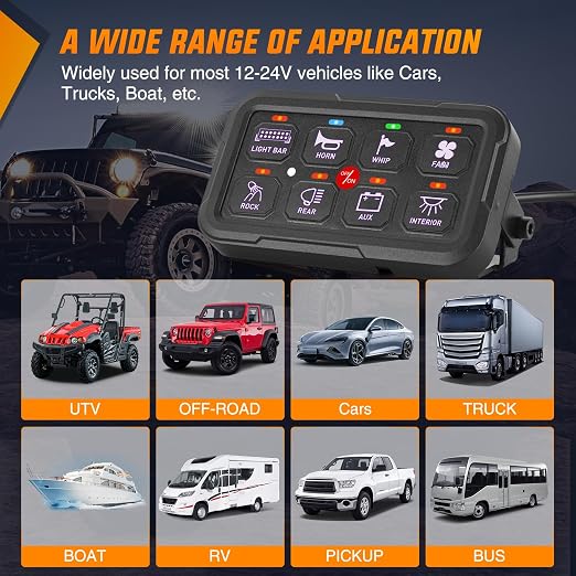 Nilight 8 Gang Switch Panel Relay System w/APP Control Automatic Dimmable | RGB Backlight Panel Circuit Control Fuse Wiring Harness ON Off LED Switches Pod for 12V 24V Cars Trucks Campers SUV