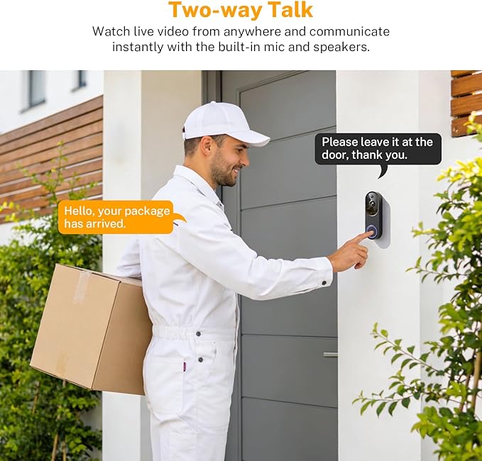 Video Doorbell Camera, Wireless Security Camera, 1080p, Battery Powered, AI Motion Detection, Night Vision, Two-Way Audio, Cloud Storage, 2.4 GWi-Fi, for Visitor, Baby Monitor