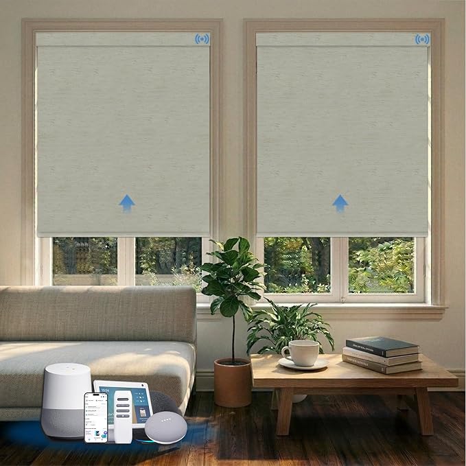 Motorized Blinds with Remote, Blackout Smart Blinds for Windows Automatic Roller Shades Compatible with Alexa, Motorized Shades Customized for Bedroom Home Office (Blackout-Line White)