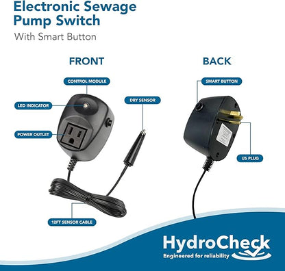 HC5000T Electronic Sewage Pump Switch, 12ft Cord - No Pit Entry, Smart Alarm System Water Sensor for Sump Pump - Compatible with All Pumps & Pit Sizes - Prevents Flooding in Basements, Lift Stations