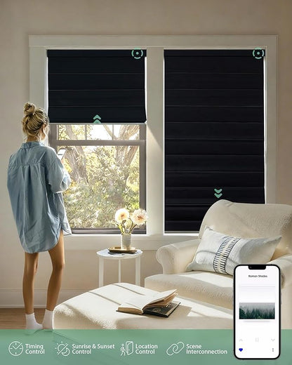 Yoolax Motorized Roman Shades with Remote, Smart Roman Shades for Indoor Windows, Blackout Automatic Blinds Work with Alexa, Google, Apple Homekit for Living Room Bedroom, Customized (Midnight Stripe)