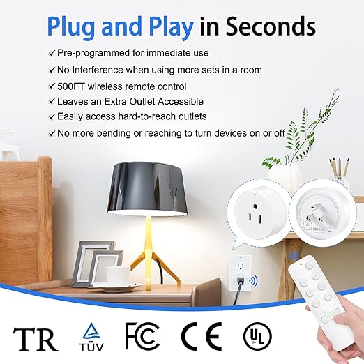 Remote Control Outlet, GREENCYCLE Remote Timer Switch, Plug in Light Switch Outlet, 500ft Range, 15A/1500W, for Lights, Fans, Christmas Lights, Household Appliance, 2Remotes 6Outlets
