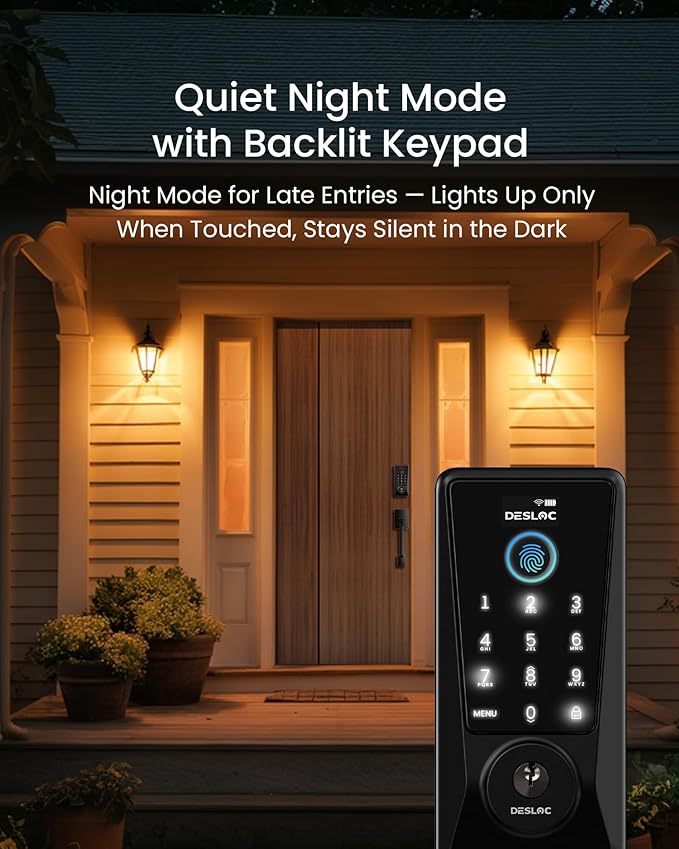 DESLOC WiFi Smart Lock D110 Plus, Built-in Wi-Fi No Hub Needed, Fingerprint Keyless Entry Front Door Lock, Touchscreen Keypad Deadbolt with Backlit, APP Control, Auto Lock, Anti-Peep PIN, BHMA Grade 3