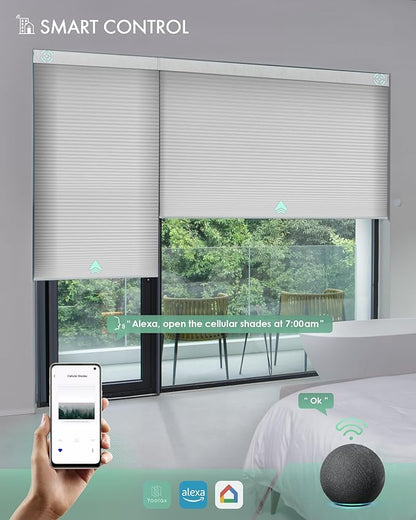 Yoolax Motorized Cellular Shades Compatible with Alexa, Light Filtering Motorized Blinds with Remote Smart Honeycomb Shades for Indoor Windows, Automatic Blinds Custom Size (Light Gray)