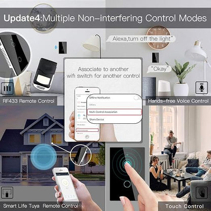 MoesGo 2nd Generation WiFi RF433 Smart Touch Wall Single Fire Smart Switch,No Neutral Wire Needed Compatible with Smart Life/Tuya App, Works with Alexa and Google Home Single Pole 110V Black 2 Gang