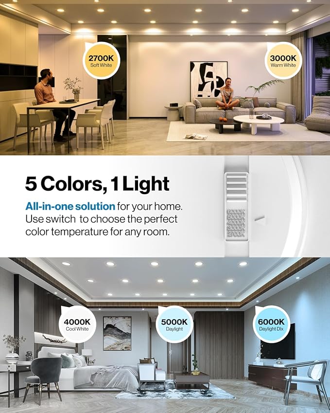 Sunco 6 Pack 4 Inch LED Flat Recessed Light, Retrofit Ceiling Can Lighting, 800 LM, Selectable CCT 2700K/3000K/4000K/5000K, Dimmable, 10W=60W, 50,000 Lifetime Hours UL.
