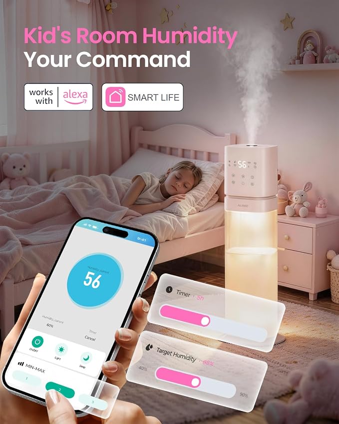 Humidifiers for Bedroom 2.1Gal/8L, Smart Humidifier for Large Room, Cool Mist Humidifiers for Home Kids Baby Plants, Top Fill Humidifier with Extension Tube, WIFI APP & Voice Control, Pink