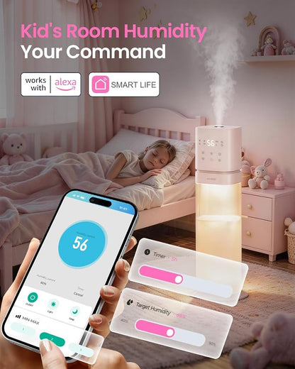 Humidifiers for Bedroom 2.1Gal/8L, Smart Humidifier for Large Room, Cool Mist Humidifiers for Home Kids Baby Plants, Top Fill Humidifier with Extension Tube, WIFI APP & Voice Control, Pink