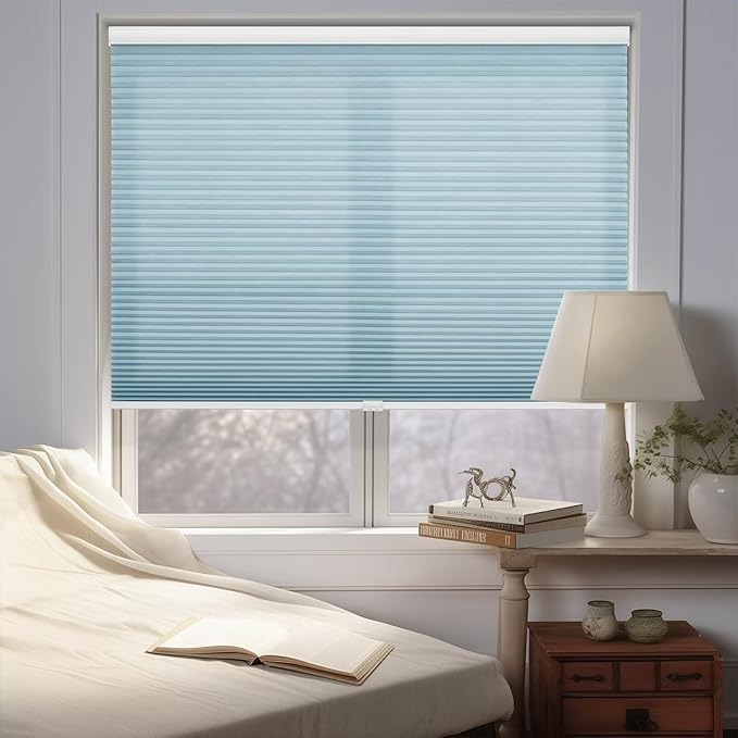 Changshade Cellular Shades Light Filtering Cordless Custom Size, Honeycomb Door Window Blinds 1.5 inch Cell Pleated Easy to Install for Home, Office, Apartment, House, Bedroom, Nursey, Blue