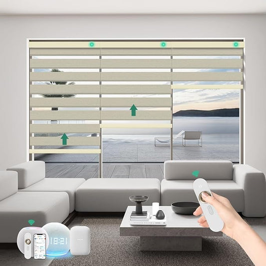 Motorized Zebra Blinds with Remote, Work with HomeKit Alexa Automatic Electric Window Shades 95% Blackout Light Filtering for Smart Home and Office, Customized Size Modern Golde
