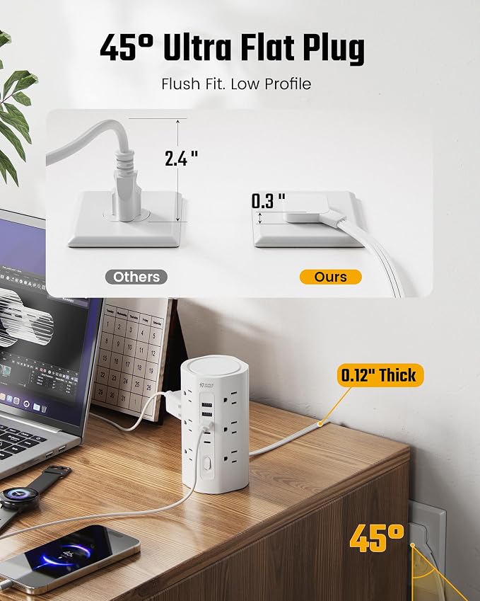 SUPERDANNY Tower Power Strip, 15Ft Extension Cord, 1700J, 12 AC 5 USB,White | 3 USB A, 2 USB C, Surge Protector Power Tower, Flat Plug, Desk Charging Station with Multiple Outlets, Home Office Dorm Room