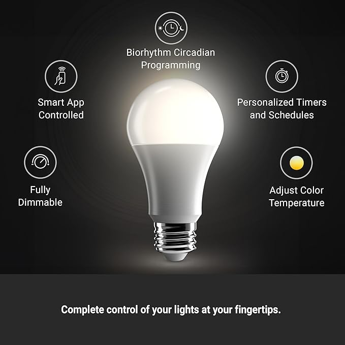 Leona Smart Light Bulbs, LED, Tunable White 2700K-6500K, 9W, 800 Lumens, WiFi, Dimmable, A19, E26 Base, Compatible with Alexa & Google Home (4-Pack)