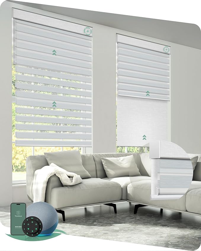 Yoolax Smart Dual Roller Shades, Motorized Blinds with Remote Smart Zebra Shades Compatible with Alexa, Blackout & Room Darkening Automatic Blinds for Windows (Zebra Layer White)