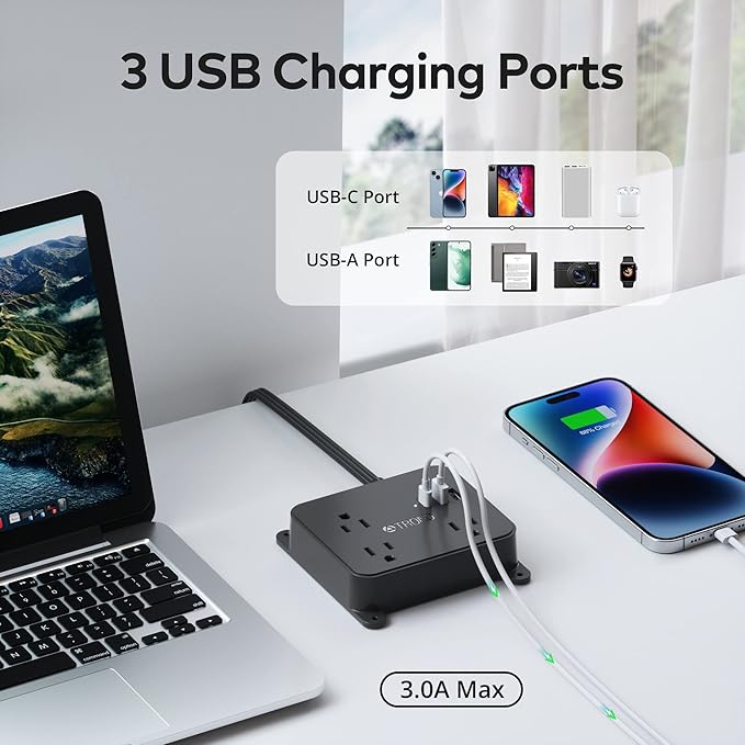 TROND 15FT Long Extension Cord, Flat Plug Power Strip with 3 AC Outlets, 2 USB-A Ports, 1 USB-C Port, Long Cord Desk Charging Station, Wall Mount for Home, Office Accessories, Dorm Room Essentials