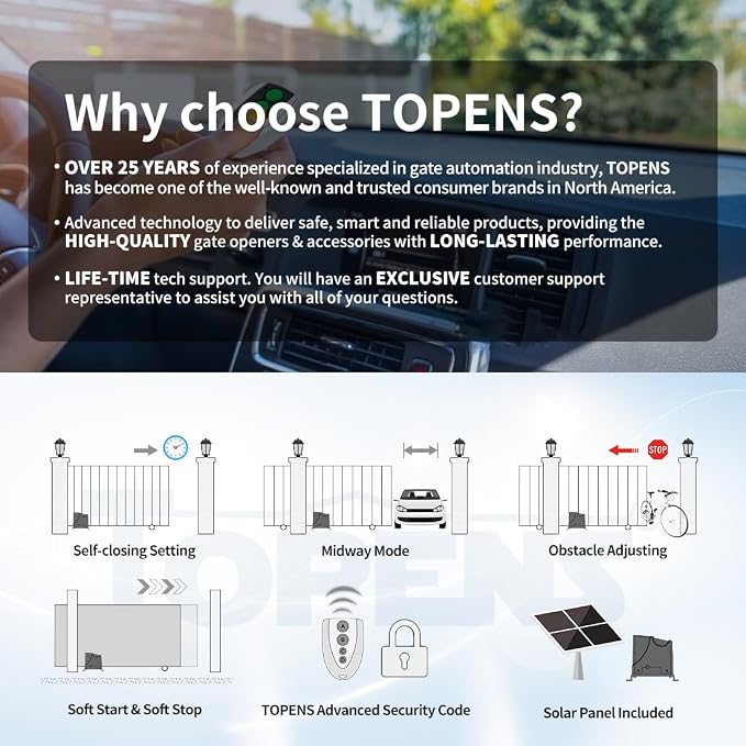 TOPENS DK1000S Solar Sliding Gate Opener Rack Drive Automatic Gate Motor for Heavy Driveway Slide Gates Up to 1800 Pounds, Electric Gate Operator Battery Powered with Solar Panel Remote Control Kit