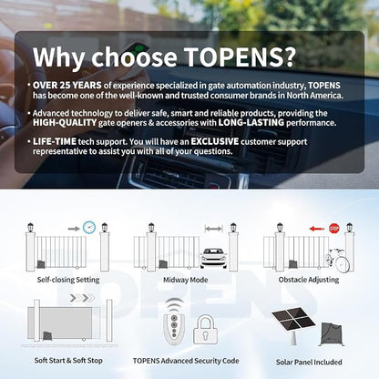 TOPENS DK1000S Solar Sliding Gate Opener Rack Drive Automatic Gate Motor for Heavy Driveway Slide Gates Up to 1800 Pounds, Electric Gate Operator Battery Powered with Solar Panel Remote Control Kit
