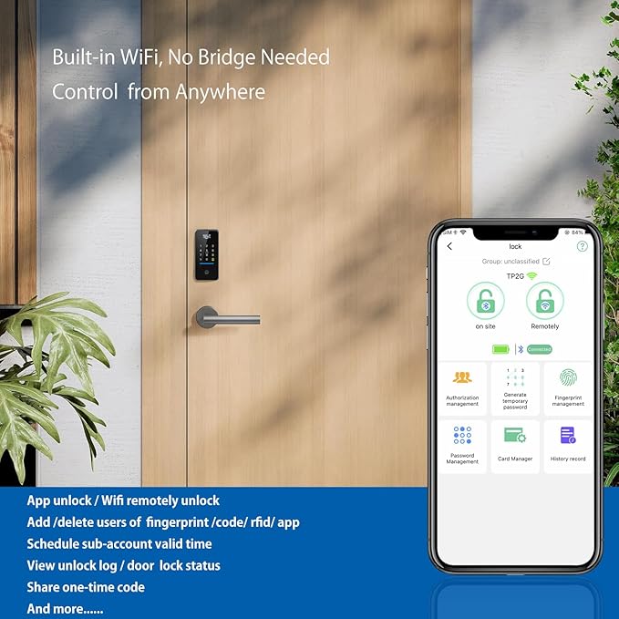 eLinkSmart Fingerprint Keyless Entry Door Lock with Door Magnetic Sensor, Keypad Smart Deadbolt Lock for Home Hotel Apartment Built-in Wi-Fi and Doorbell No hub No Drilling USB C Charging