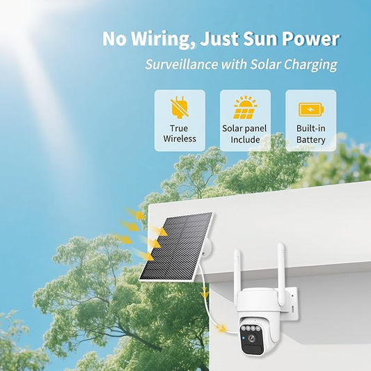 Solar Powered Security Camera, 360° Wireless Outdoor Camera,Motion Tracking, AI Alerts, Night Vision, 2-Way Audio,Waterproof,Surveillance Camera for Home & Business,Cloud Service, Alexa