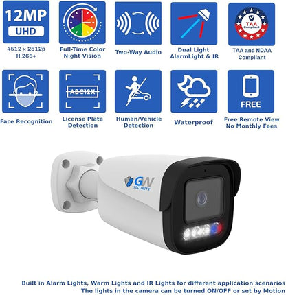 GW Security UltraHD 6K License Plate/Face Recognition 16 Channel Security Camera System with 8 x 12MP Waterproof Two-Way Audio Alarm Light Bullet Cameras, 10 Smart AI Functions, NDAA & TAA Compliant