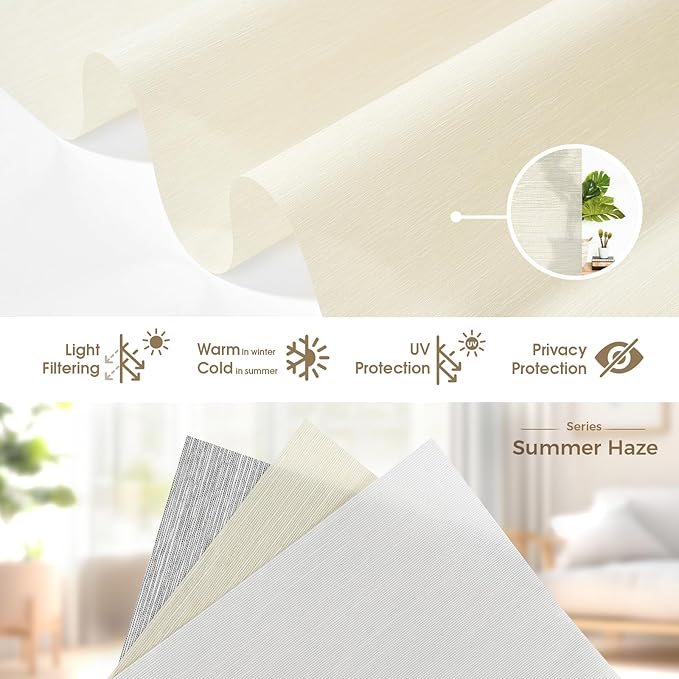 HeyBlinds Motorized Blinds with Remote, Smart Roller Shades with App & Voice Control, Work with Alexa Google HomeKit, Light Filtering Custom Window Shades for Living Room Office (Summer Haze-Cream LF)