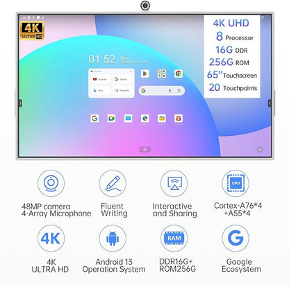 JAV Smart Board with Google EDLA Certified, 65 inch Interactive Whiteboard - 4K UHD 16+256GB Digital Smart Whiteboard Touch Screen with 48MP Camera for Classroom Office (Wall Mount Included)
