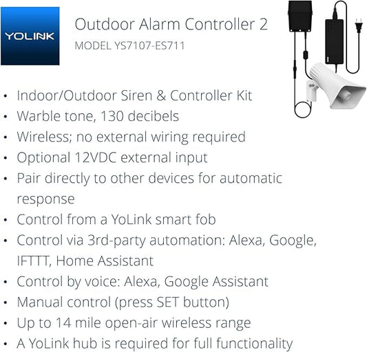 Outdoor Alarm Controller 2, Siren/Alarm/Relay Controller, 12VDC Out, 12VDC in, 130dB Siren with 12VDC on, 110dB Siren with Battery only, YoLink Hub Required for Full-Functionality!