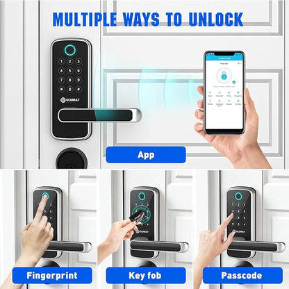 OLUMAT Smart Door Lock with WiFi Gateway, Keyless Entry Door Lock with Handle - Smart Locks for Front Door with Keypad - Fingerprint Locks with App Control - Auto Lock