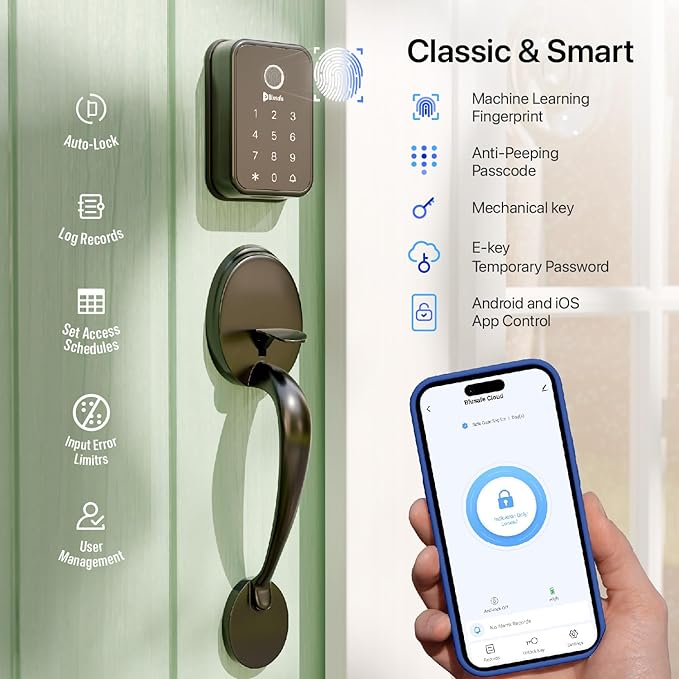 Fingerprint Door Lock Smart Locks for Front Door Keyless Entry Door Lock Handle Set Electronic Keypad Deadbolt with Lever，Easy DIY Install for Women，Auto Locking One-Time Codes(Cloud + Big Handle)
