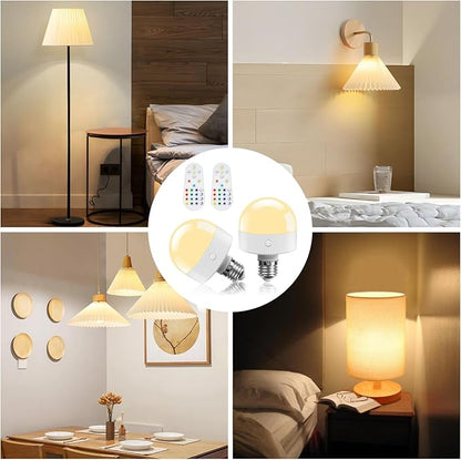 TJOY E26 Rechargeable Light Bulb with Remote and Timer, Battery Operated Bulb with 3 Color Temperatures and 15 RGB Colors, Dimmable Wireless LED Bulb for Lamps, Detachable Charging for Sconces, 4 Pack