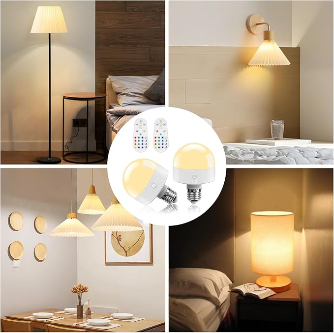 TJOY E26 Rechargeable Light Bulb with Remote and Timer, Battery Operated Bulb with 3 Color Temperatures and 15 RGB Colors, Dimmable Wireless LED Bulb for Lamps, Detachable Charging for Sconces, 2 Pack