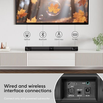 Sound Bar for Smart TV, 80W 2.0 Channel Detachable Soundbar with Optical/ARC/AUX/Bluetooth, Surround Sound System for Home Theater, Wall Mountable or Desktop TV Speaker.