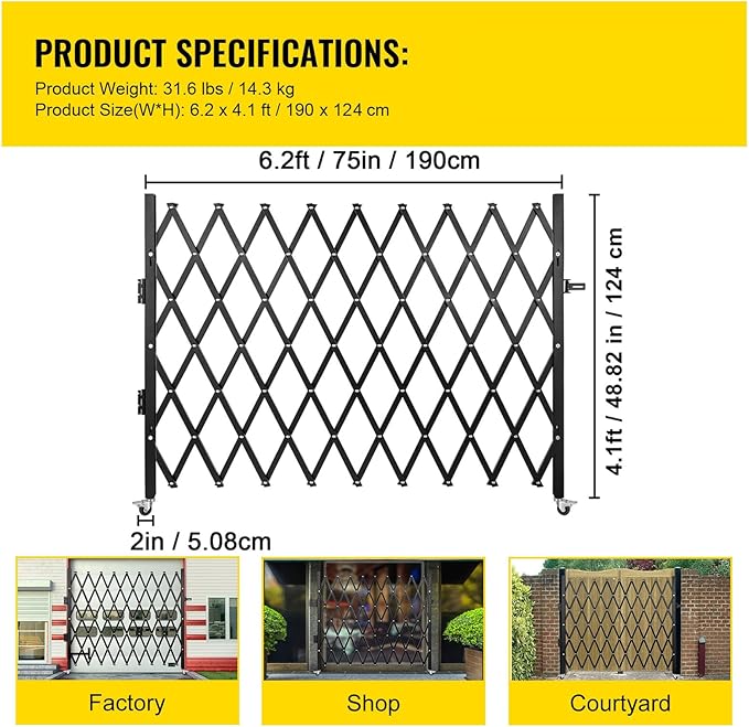 VEVOR Single Folding Security Gate, 51.57" H x 75" W, Steel Accordion Door, Flexible Expanding Barricade, 360 Rolling Scissor Gate with Padlock