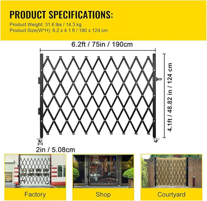 VEVOR Single Folding Security Gate, 51.57" H x 75" W, Steel Accordion Door, Flexible Expanding Barricade, 360 Rolling Scissor Gate with Padlock