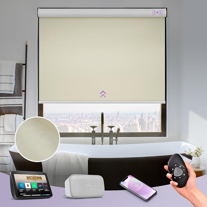 Graywind Motorized Roller Shades 100% Blackout Compatible with Alexa Google Waterproof Vinyl Cordless Remote Smart Blinds with Valance, Custom Size (A-Beige)