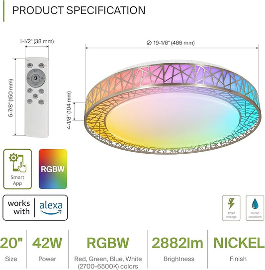 ASD 20 Inch Smart RGBW Flush Mount Ceiling Light with Remote - Brushed Nickel 42W 120V 2700-6500K Dimmable Ceiling Light Fixture, WiFi App Control RGB Lights, Alexa & Google Assistant - ETL