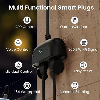 GHome Smart Outdoor Smart Plug, Smart Home Wi-Fi Outlet with 2 Sockets, IP64-Rated with Weather-Resistant Covers, Works with Alexa, Google Home & SmartThings, No Hub Required